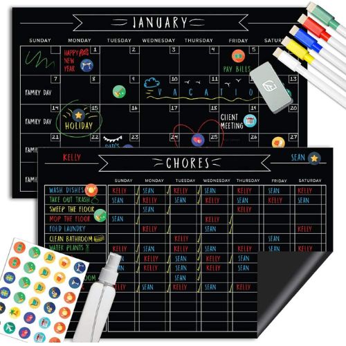 Magnetic Chore Chart Chalkboard & Reusable Dry Erase Calendar Set