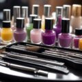A table with neatly organized nail kit items: nail polish, files, clippers, and brushes. A FAQ sheet and customer reviews displayed nearby