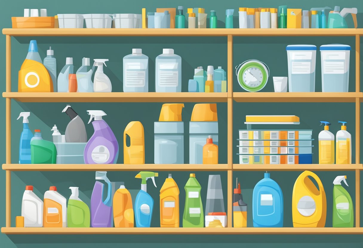 Cleaning supplies neatly organized on a shelf, safety signs posted, and a checklist of cleaning standards displayed prominently