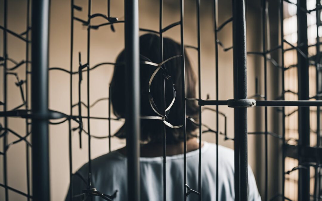 A figure behind bars with a broken door, representing the consequences of domestic violence